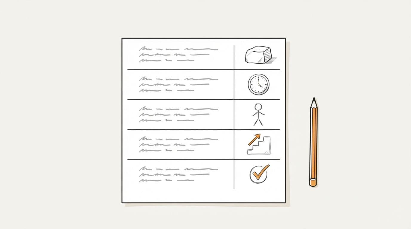 A whiteboard animation script on paper with a small pencil sketch next to each line: a stone block, a clock, a stick figure, stairs and a checkmark