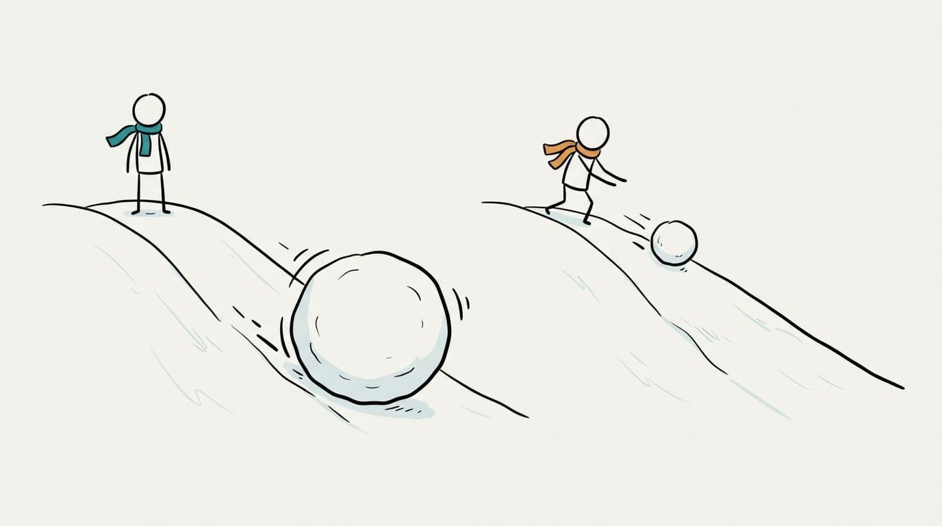 A whiteboard drawing of two stick figures at the top of two snowy slopes, one with a large snowball far down the hill and one with a small snowball just starting to roll