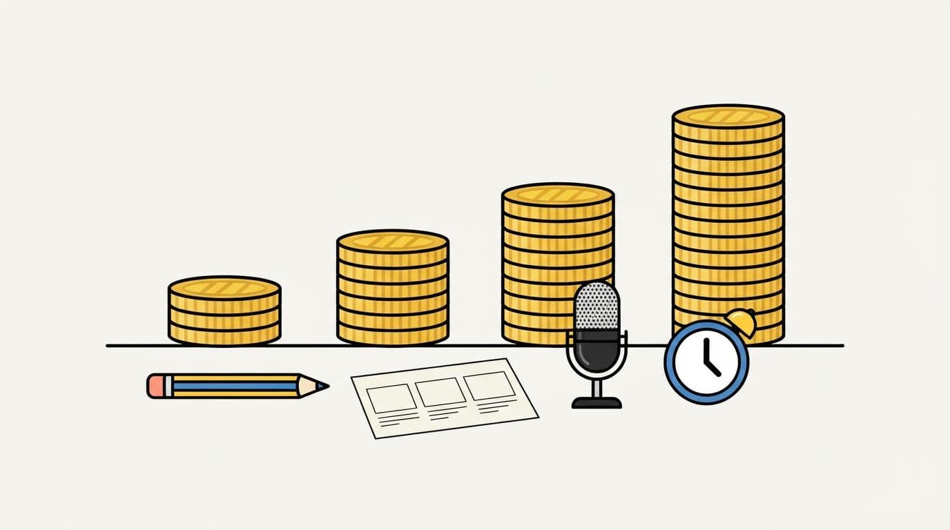 Rising stacks of coins behind a pencil, a storyboard sheet, a microphone and a clock, the things that drive whiteboard animation cost