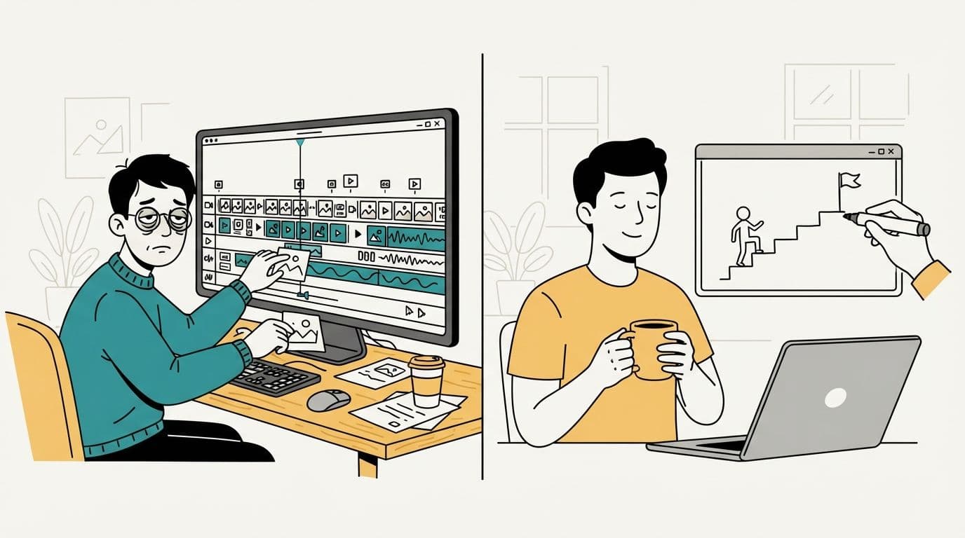 Whiteboard animation software compared: a tired person dragging drawings along a video timeline, next to a relaxed person with a coffee beside a finished hand-drawn scene of a figure climbing stairs