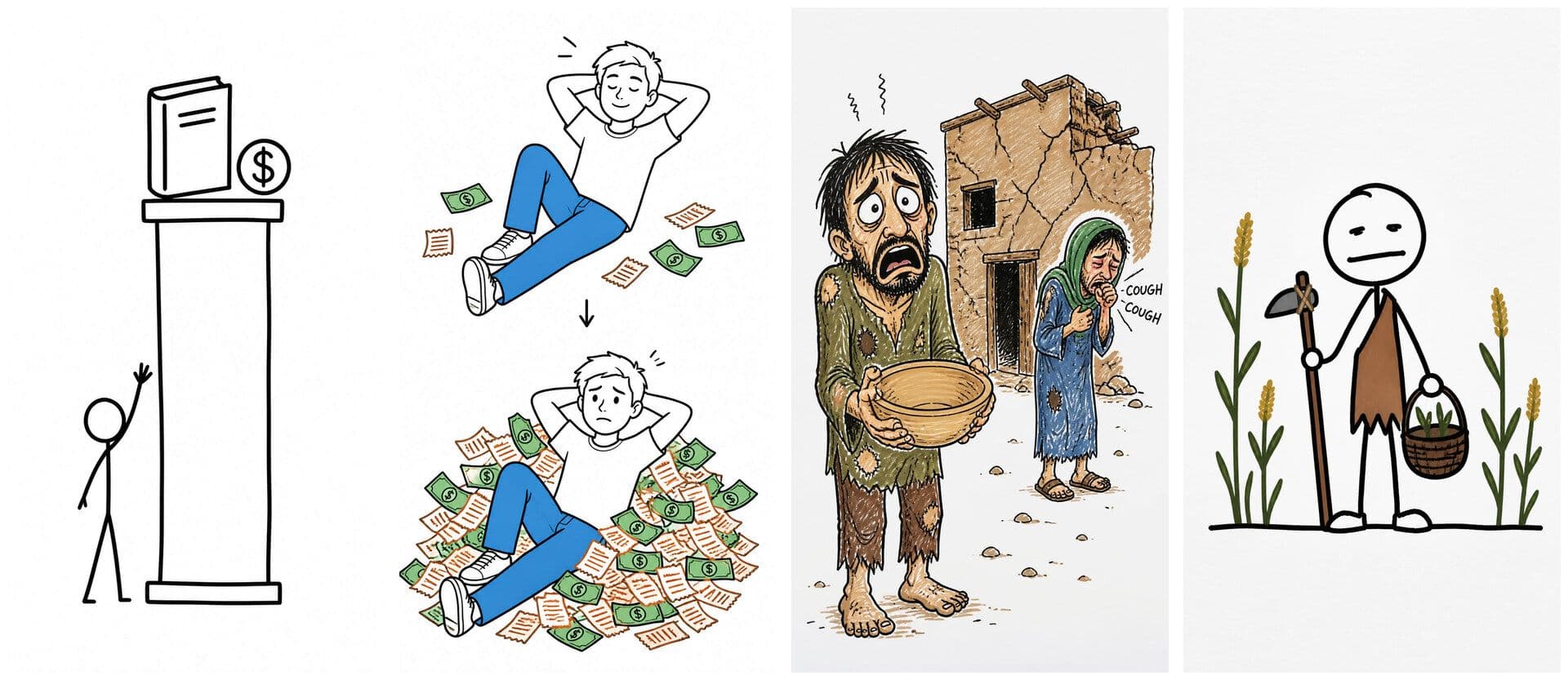 Four whiteboard animation styles from ShortsCrafter: a minimalistic stick figure reaching for a book on a pillar, a regular-style man lying on a pile of bills, a colored scene of a worried villager holding an empty bowl, and a stick figure farmer with a hoe