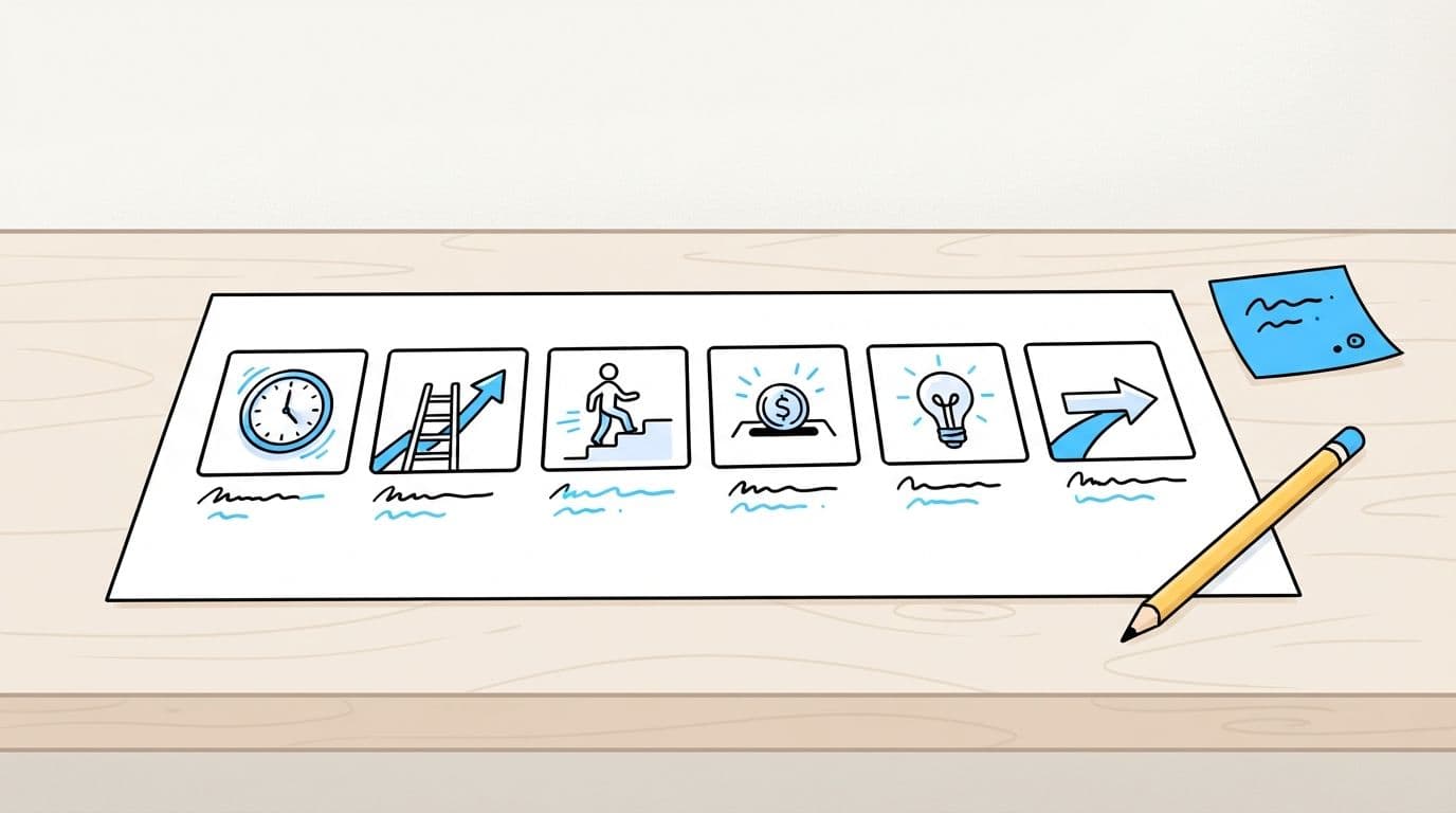 A storyboard for a whiteboard animation: six sketched frames showing a clock, a ladder, a stick figure, a coin, a lightbulb and an arrow