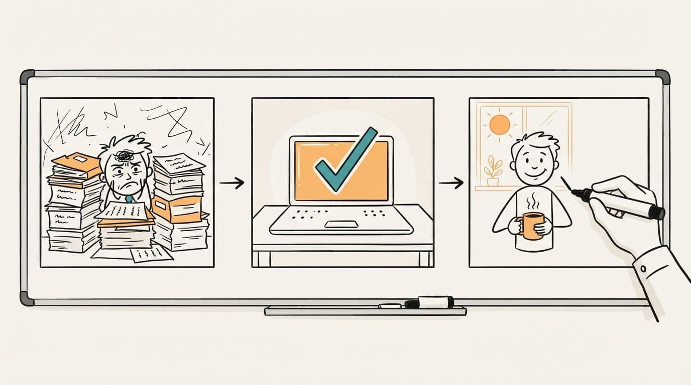 A whiteboard explainer video storyboard in three panels: an office worker buried in paper, a laptop with a check mark, and the same person relaxed with a coffee