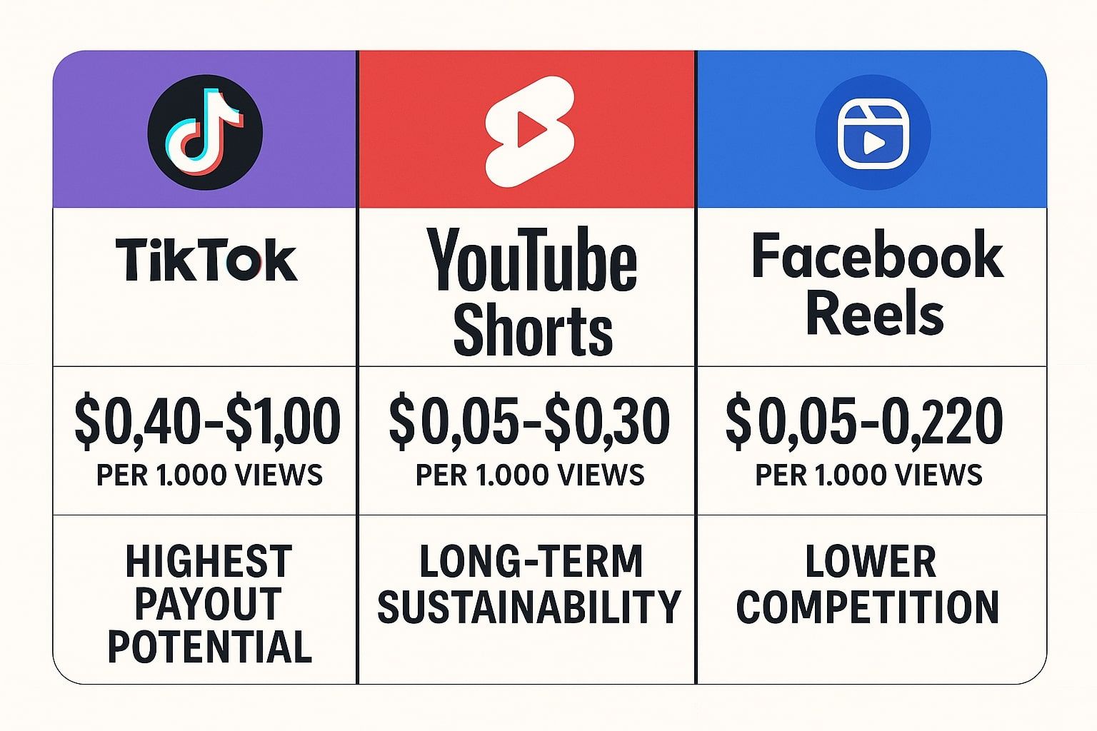 infographic comparing TikTok, YouTube Shorts, and Facebook Reels
