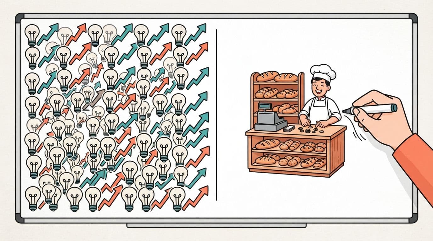 VideoScribe alternatives: on the left, a whiteboard canvas crowded with the same stock lightbulb and arrow icons; on the right, a hand drawing a one-off illustrated scene of a baker counting coins at a bakery counter